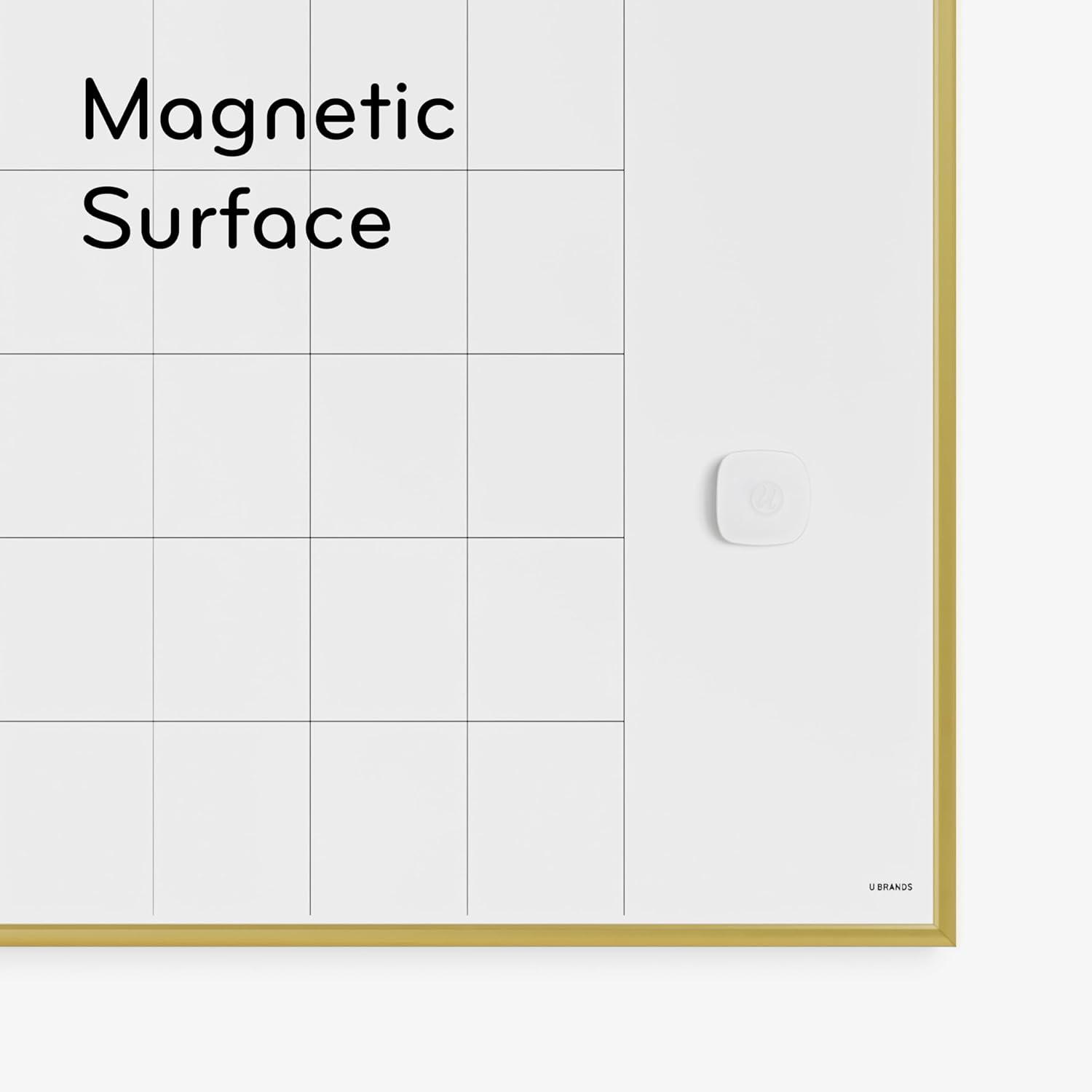 U Brands Magnetic Dry Erase Calendar White Board, 16" x 20", Gold Aluminum Frame, Includes Magnet and Marker