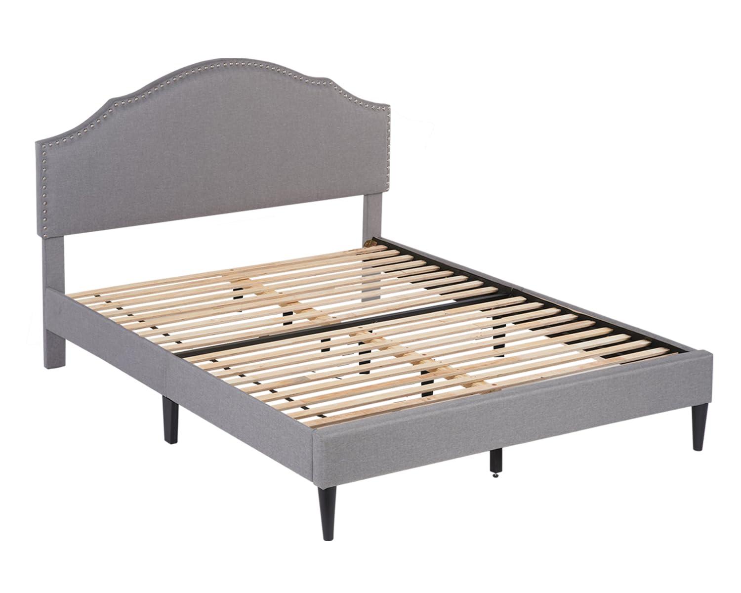PayLessHere Upholstered Full Platform Bed Frame with Fabric Headboard and Wooden Slats Support, Fully Upholstered No Box Spring Needed Non-Slip and Noise-Free, Full