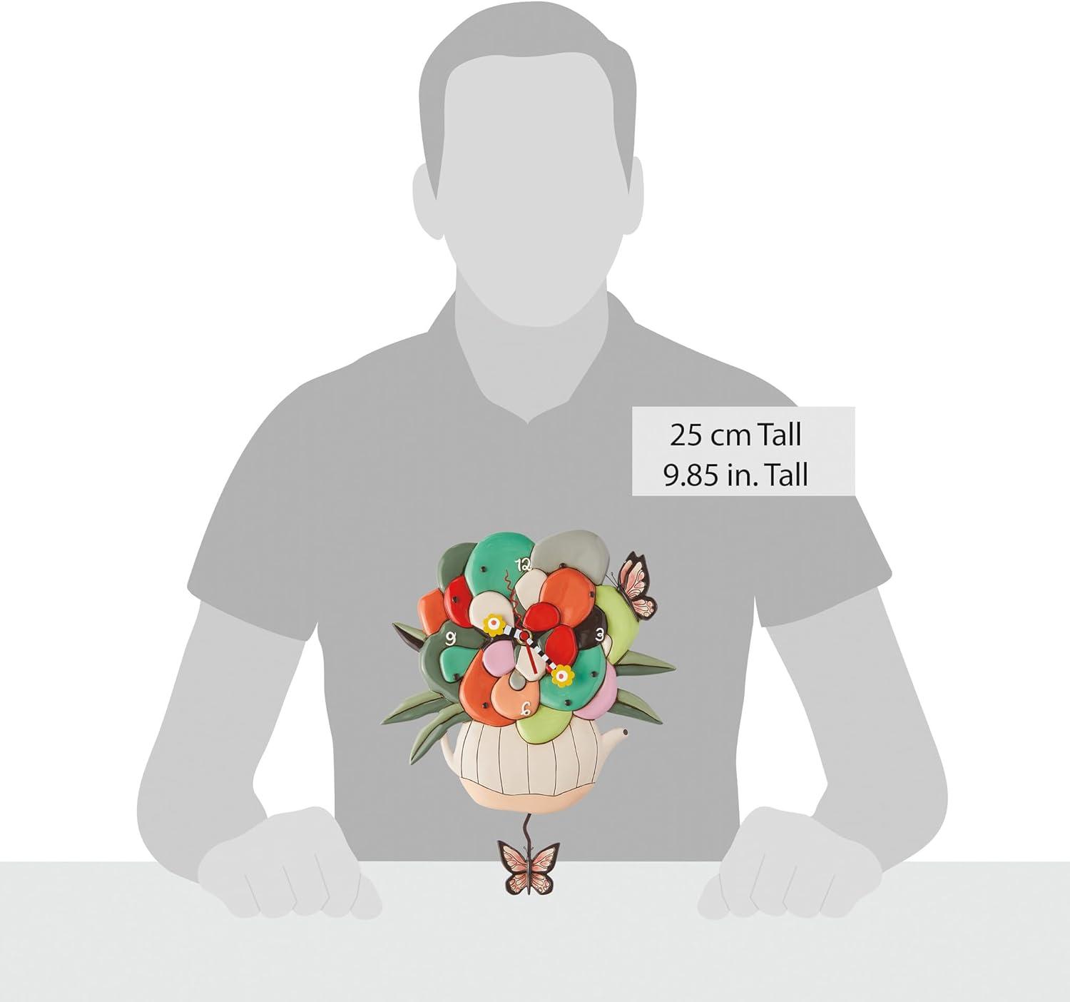 Allen Designs Tea Pot with Flowers and Butterflies Battery Operated Sculpted Pendulum Wall Clock 9.85 Inch