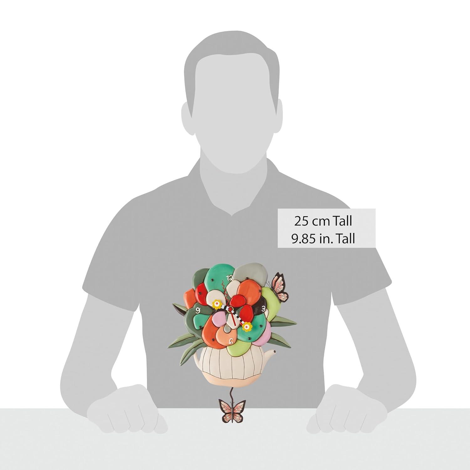 Allen Designs Tea Pot with Flowers and Butterflies Battery Operated Sculpted Pendulum Wall Clock 9.85 Inch