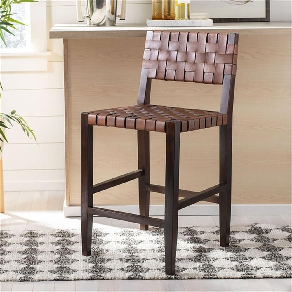 Paxton Woven Leather Counter Stool - Cognac/Walnut Finish - Safavieh