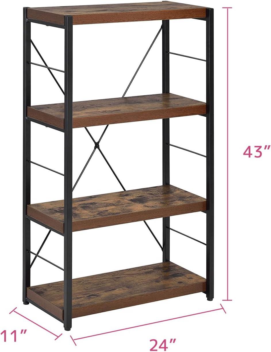 4 Tiered Metal Framed Wooden Bookshelf Weathered Oak Brown and Black - Saltoro Sherpi
