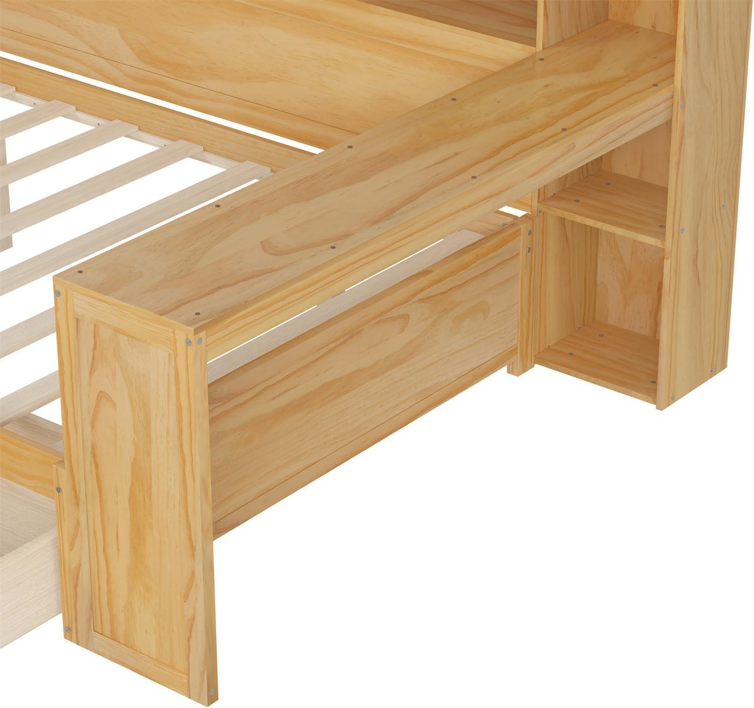 Wooden Daybed with Storage Shelves, Multi-functional Bed with Two Storage Drawers and Study Desk Natural - Full