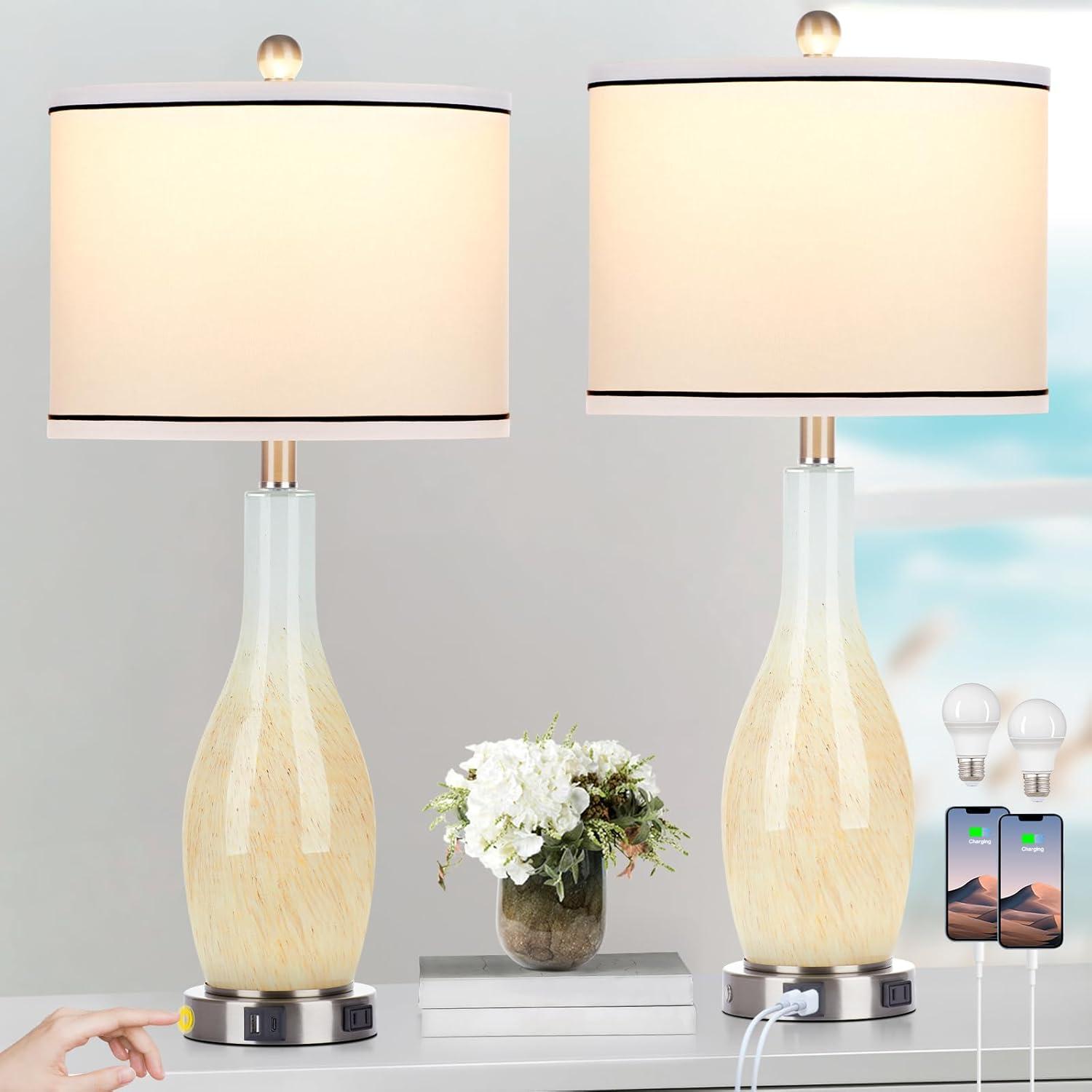 Ivy Bronx 27" Glass Table Lamps Set Of 2 With Nightlight, 3 Way Touch Control Modern Bedside Lamps With USB A+C Ports & AC Outlet, Boho Yellow Nightstand Lamps For Bedroom Living Room