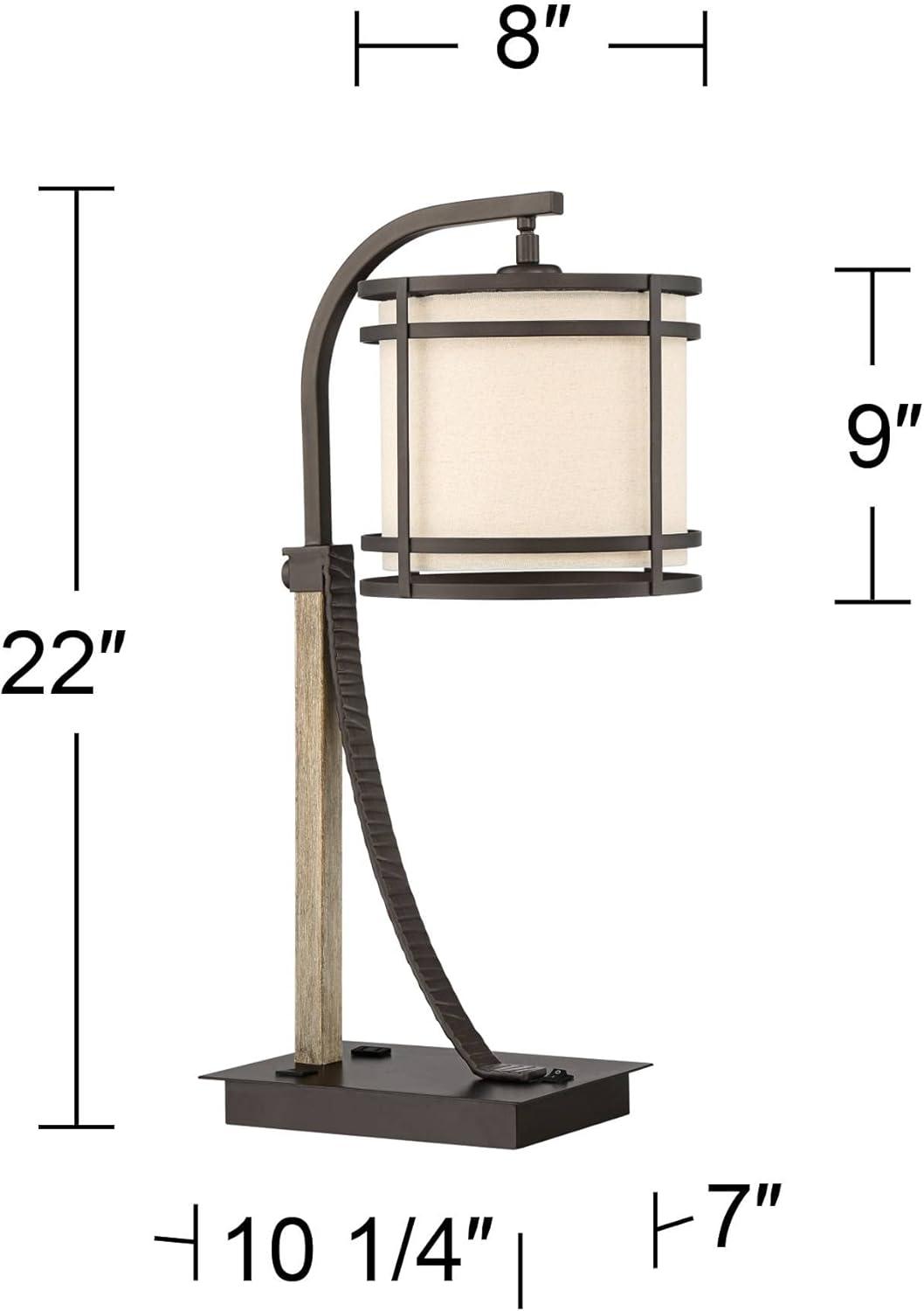 Franklin Iron Works Gentry Industrial Desk Lamp 22" High Oil Rubbed Bronze Faux Wood Cage with USB and AC Power Outlet in Base Oatmeal Shade for Desk