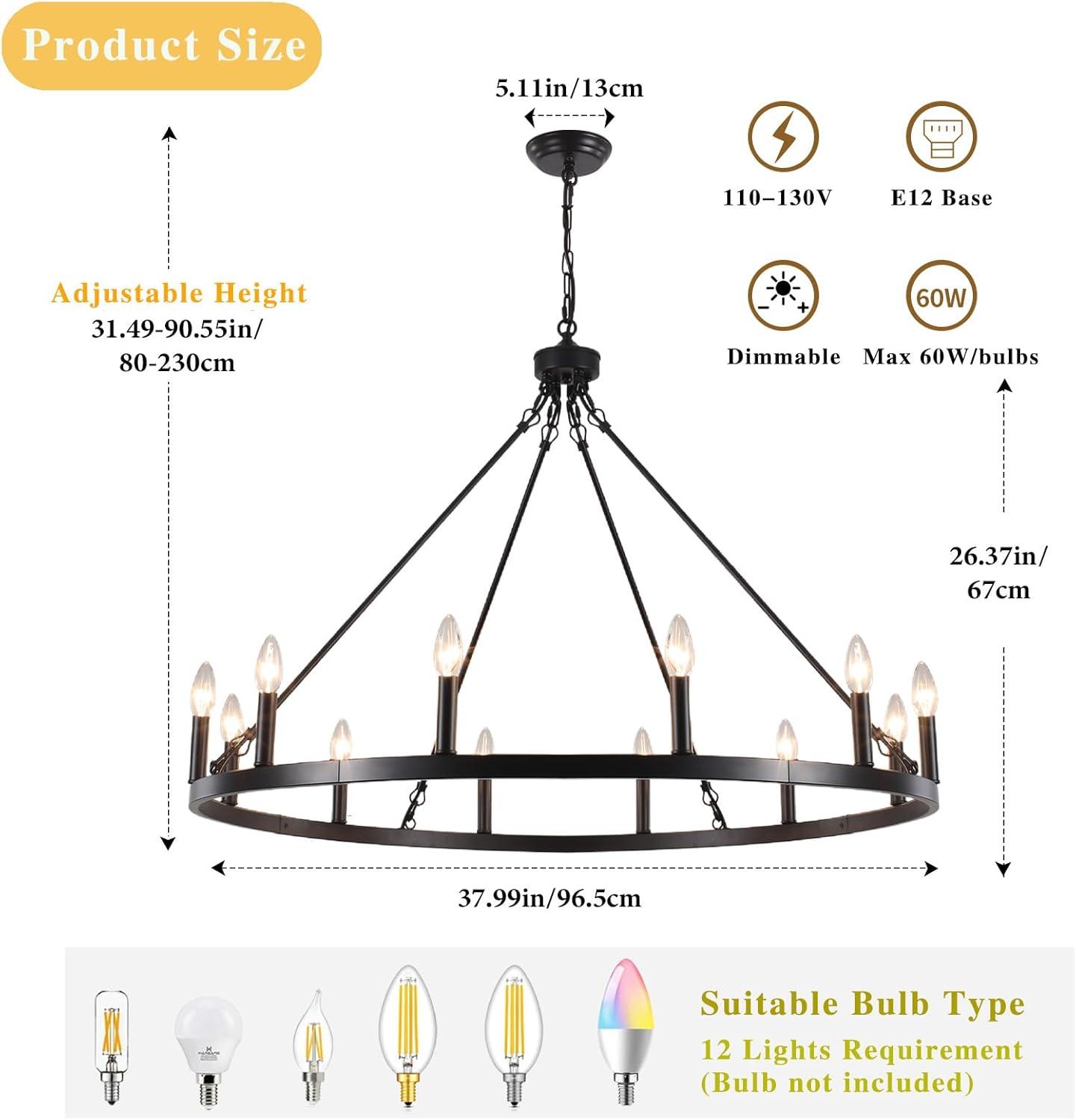 Black 38" Wagon Wheel 12-Light Industrial Farmhouse Chandelier