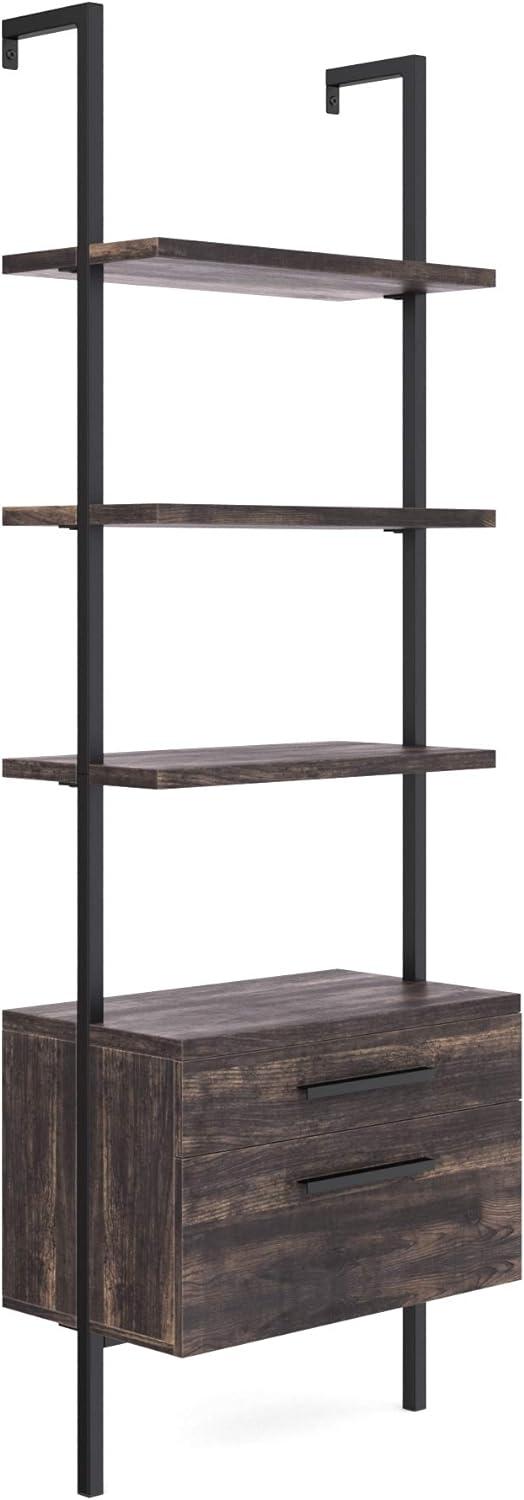 Nutmeg & Black Wood Ladder Bookshelf with Easy-Glide Drawers