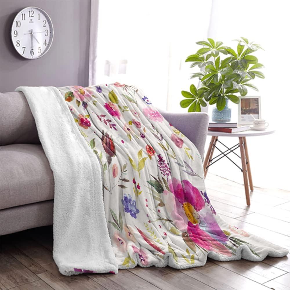 Floral Sherpa Fleece Throw Blanket with Watercolor Design