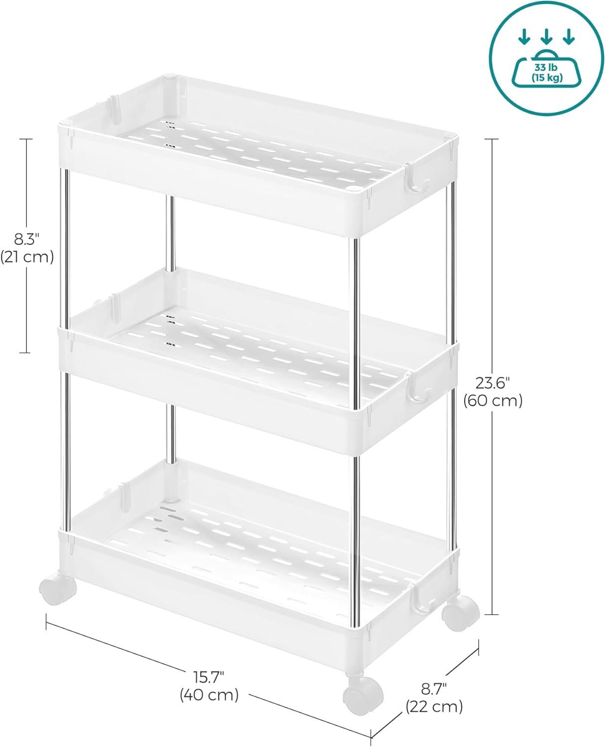 SONGMICS 3-Tier Rolling Cart Storage Cart with Wheels Space-Saving Rolling Storage Cart for Bathroom Kitchen Living Room Office 15.7 x 8.7 x 23.6 Inches White