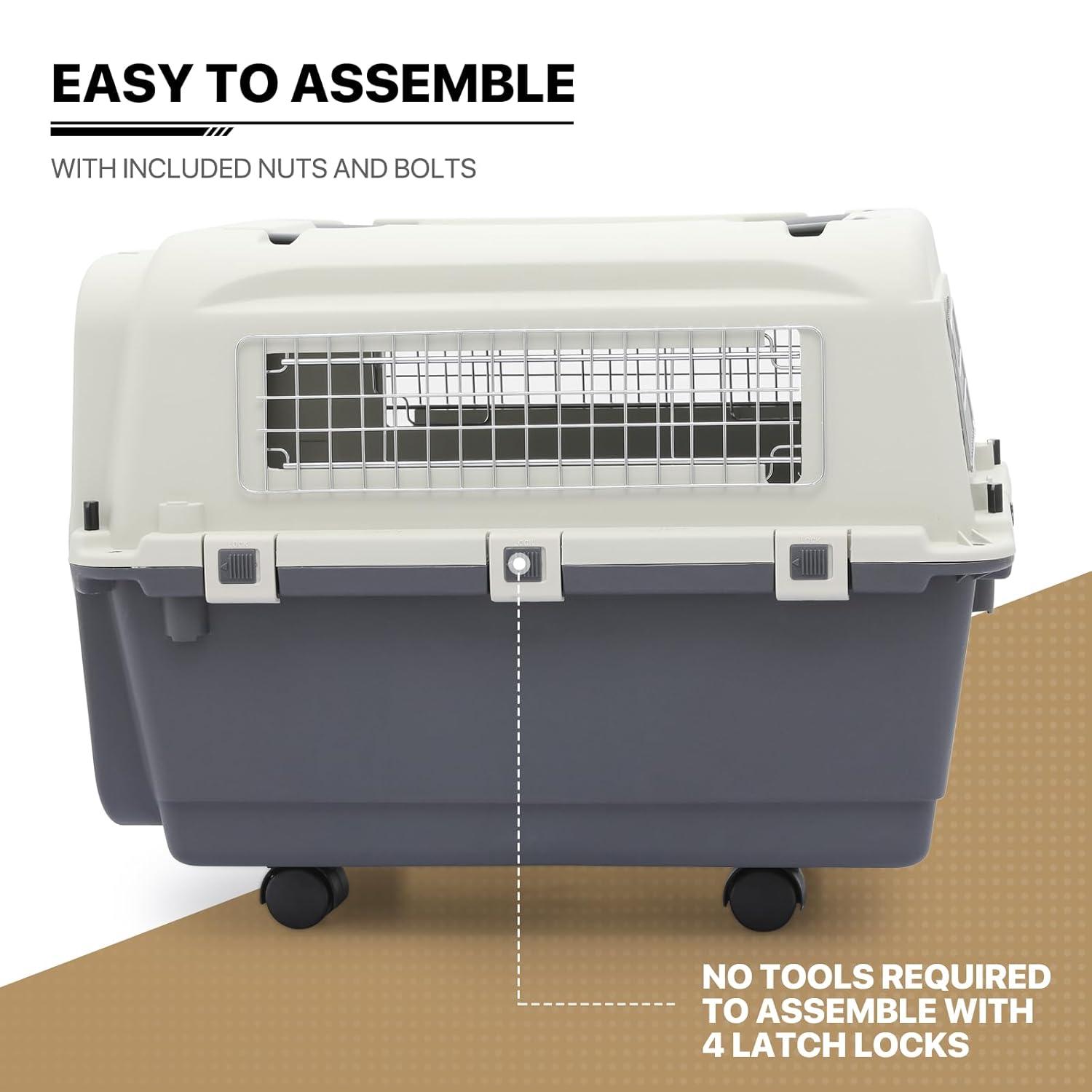 MoNiBloom Jaula Transpirable para Mascotas de 27 Pulgadas, Caja de Transporte, Perrera de Viaje para Perros con Tazones y Ruedas para Gatos y Gatitos, Aprobada por Aerolíneas, Blanco/gris