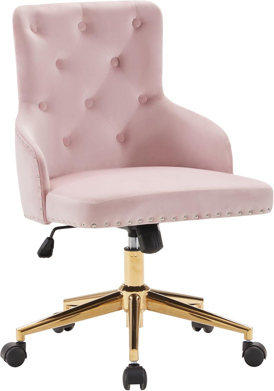 BELLEZE Belden Swivel Computer Desk Chair, Button-Tufted Upholstered Fabric with Nailhead Trim, Mid-Back Accent Armchair Adjustable Height, Pink & Gold