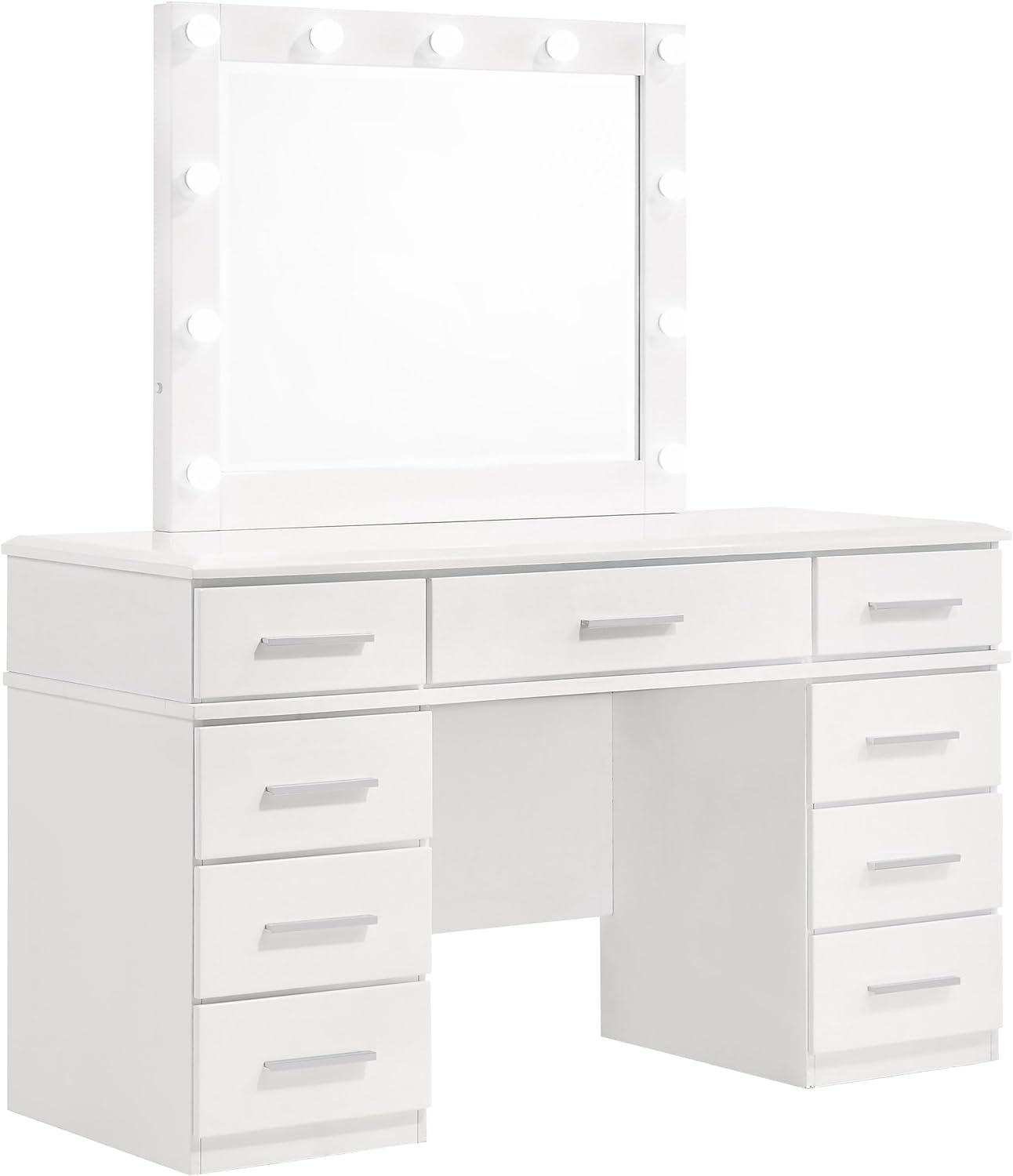 Contemporary Glossy White Vanity Desk with Lighted Hollywood Mirror