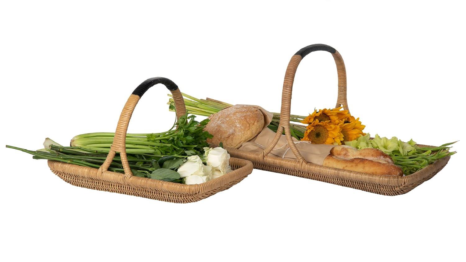 Kouboo Vegetable And Flower Wicker Basket With Leather Wrapped Arch Handle, Rattan Fruit Basket For Table, Wicker Flower Basket For Storage, Natural Color