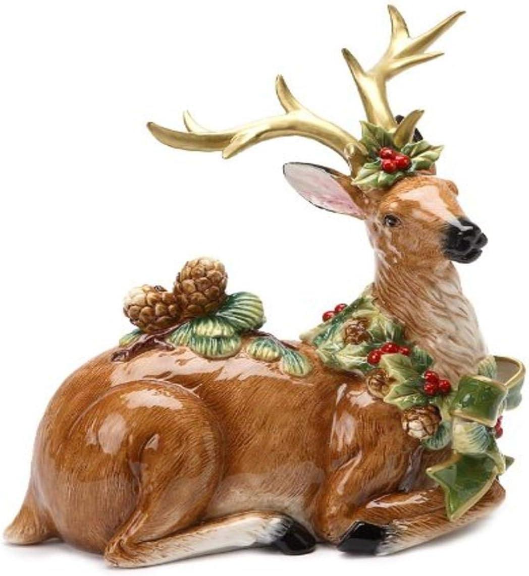 Ceramic Reindeer Figurine with Golden Antlers and Pine Cones