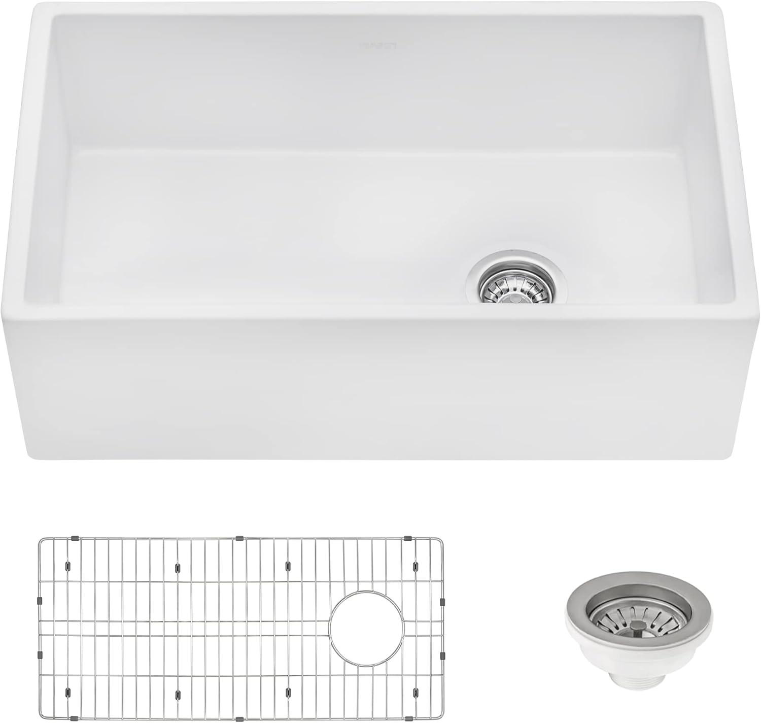 Ruvati 30-inch Fireclay Farmhouse Offset Drain Kitchen Sink Single Bowl White - Right Drain