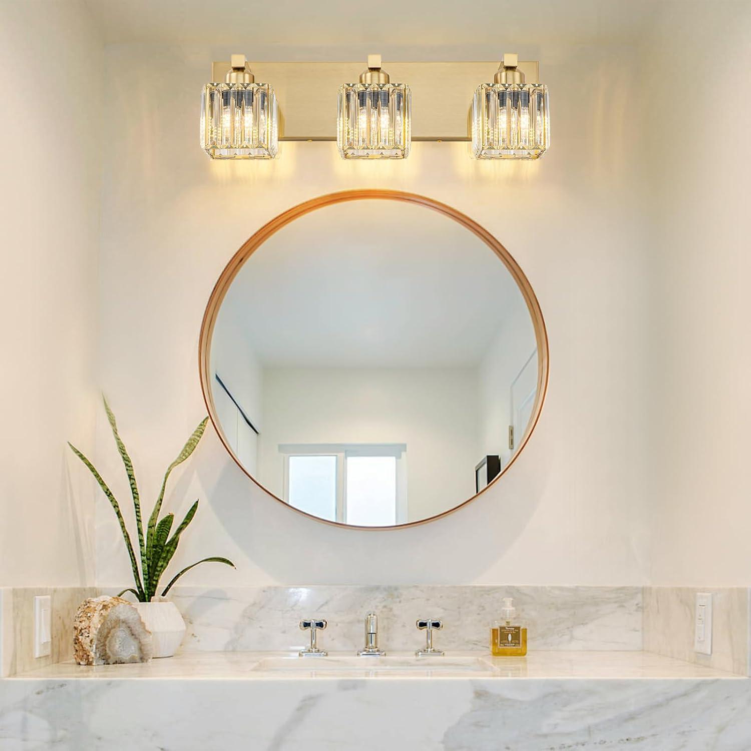 Gold Crystal 3-Light Bathroom Vanity Fixture with Square Shades