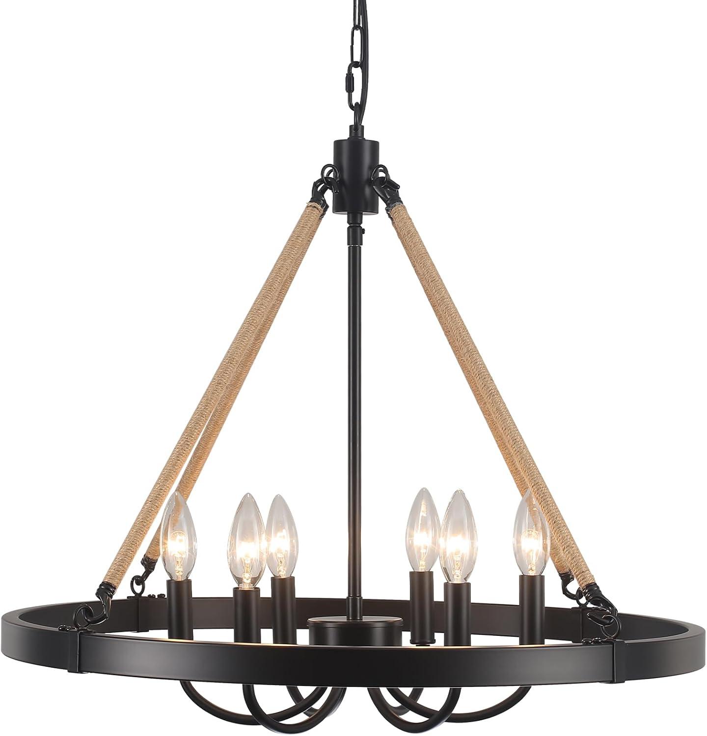 Black Farmhouse Wagon Wheel Candle Style Chandelier with Hemp Rope