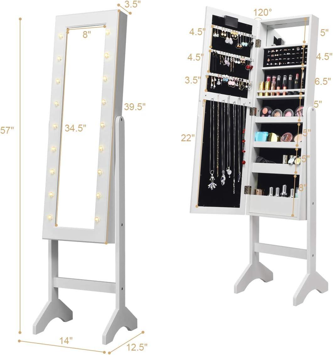 QuellQuest Standing Jewelry Armoire with 18 LED Lights Around the Door, Large Storage Mirrored Jewelry Cabinet with Full Length Mirror, 16 Lipstick Holders, 1 Inside Makeup Mirror (White)