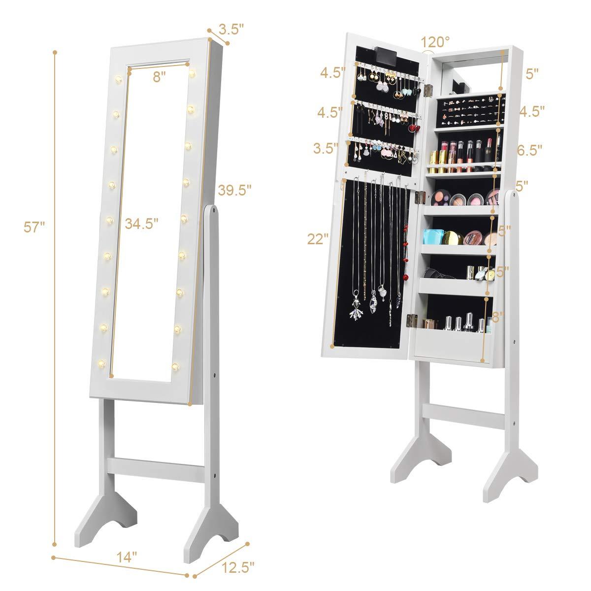 QuellQuest Standing Jewelry Armoire with 18 LED Lights Around the Door, Large Storage Mirrored Jewelry Cabinet with Full Length Mirror, 16 Lipstick Holders, 1 Inside Makeup Mirror (White)