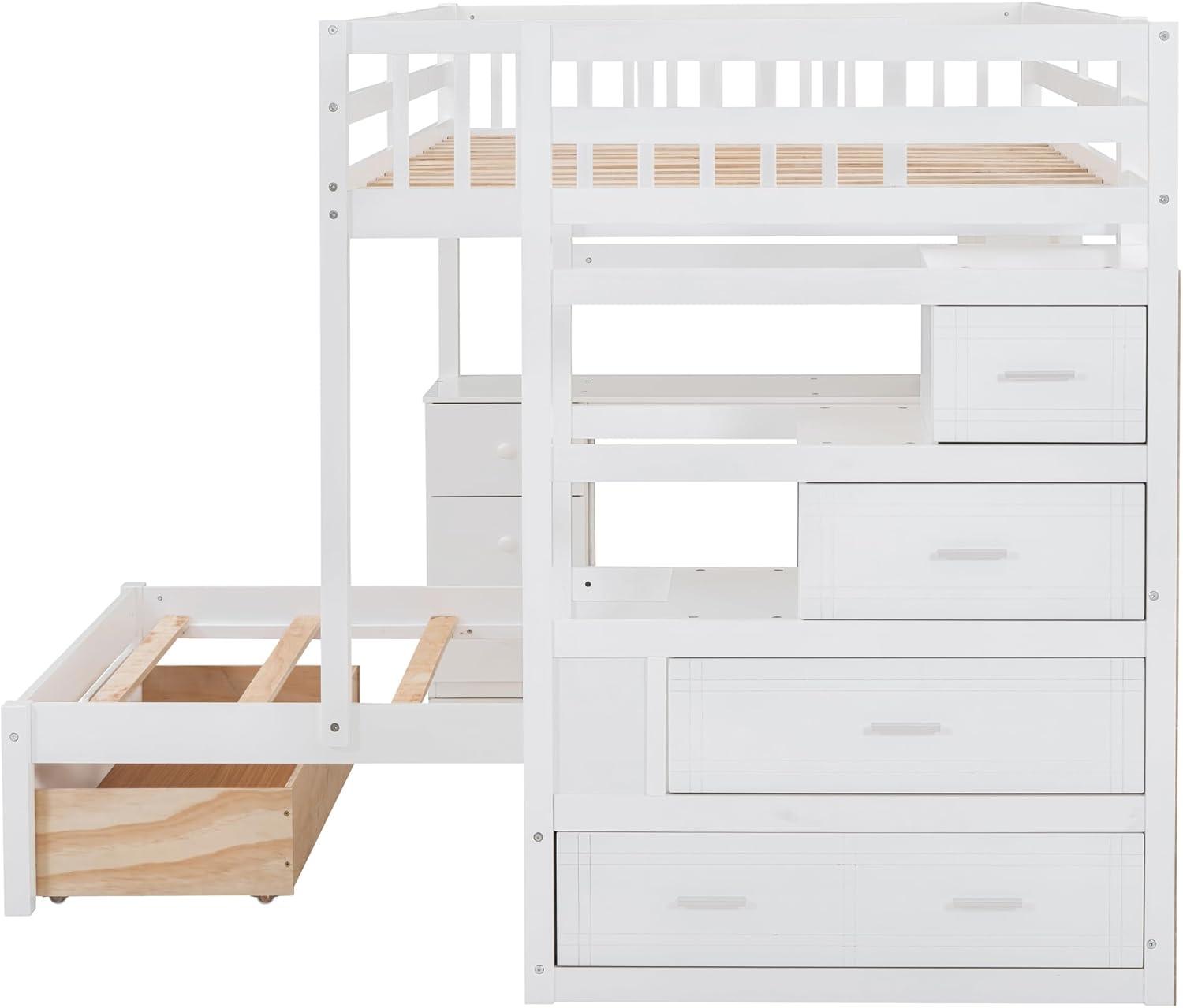Harper & Bright Designs Full Over Twin Bunk Bed with Stairs, Storage Drawers, Full Size Loft Bed Frame with Desk and Shelves, White