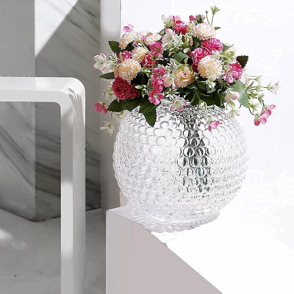 Hand-Blown Clear Glass Round Vase with Textured Design