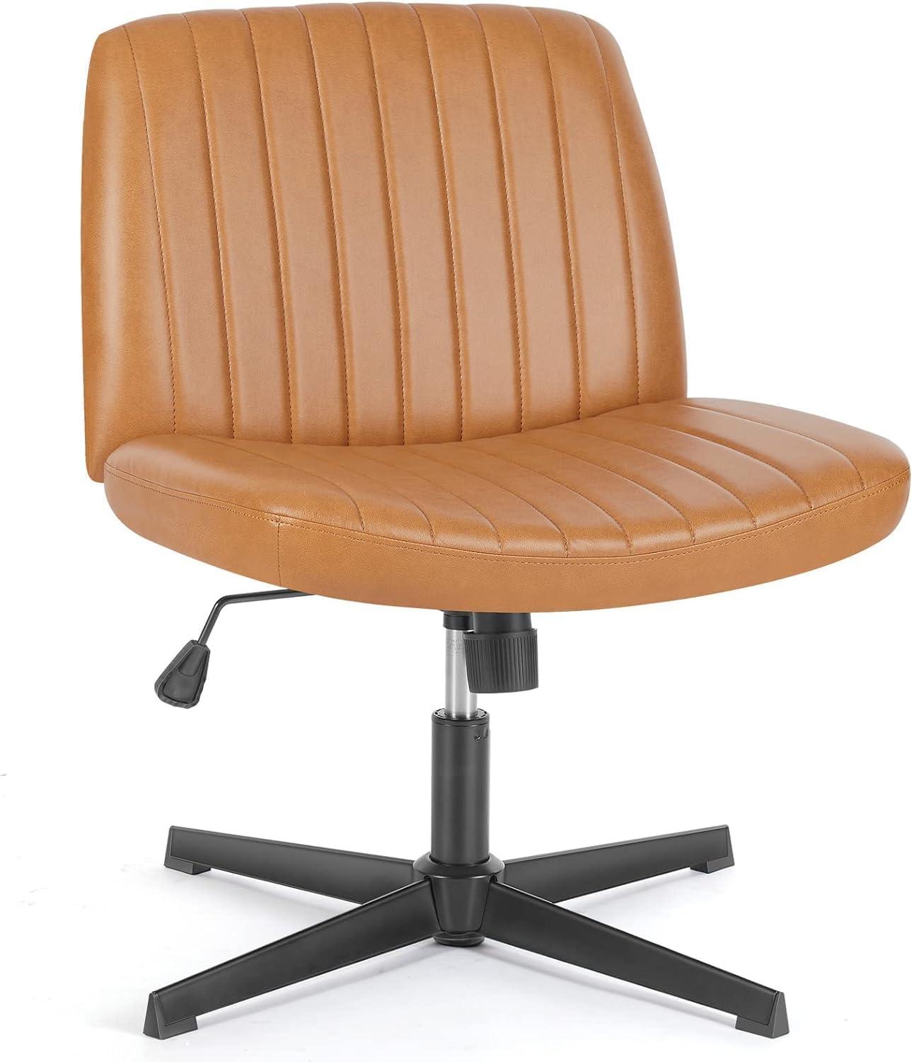 Armless Brown Leather Swivel Office Chair with Metal Frame