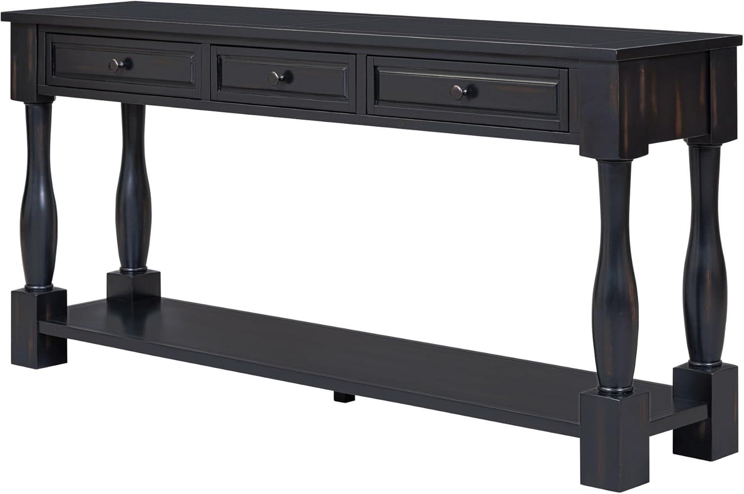 merax LUMISOL 64 inch Long Console Table with 3 Drawers and Bottom Shelf, Sofa Table Entryway Table for Hallway, Living Room, Easy Assembly (Distressed Black)