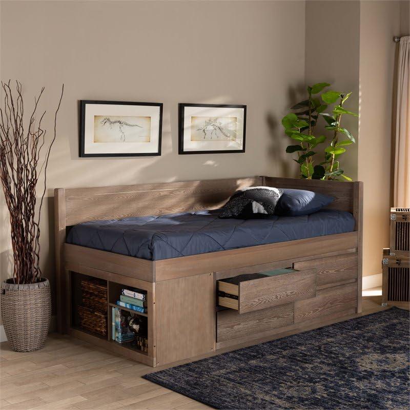 Twin 4 Drawer Levon Wood Storage Bed Antique Oak - Baxton Studio: MDF Frame, No Box Spring Needed