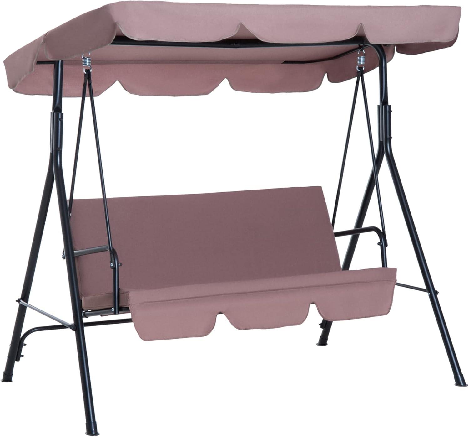 Outsunny 3-Seat Outdoor Patio Swing Chair with Removable Cushion, Steel Frame Stand and Adjustable Tilt Canopy for Patio, Backyard, Brown