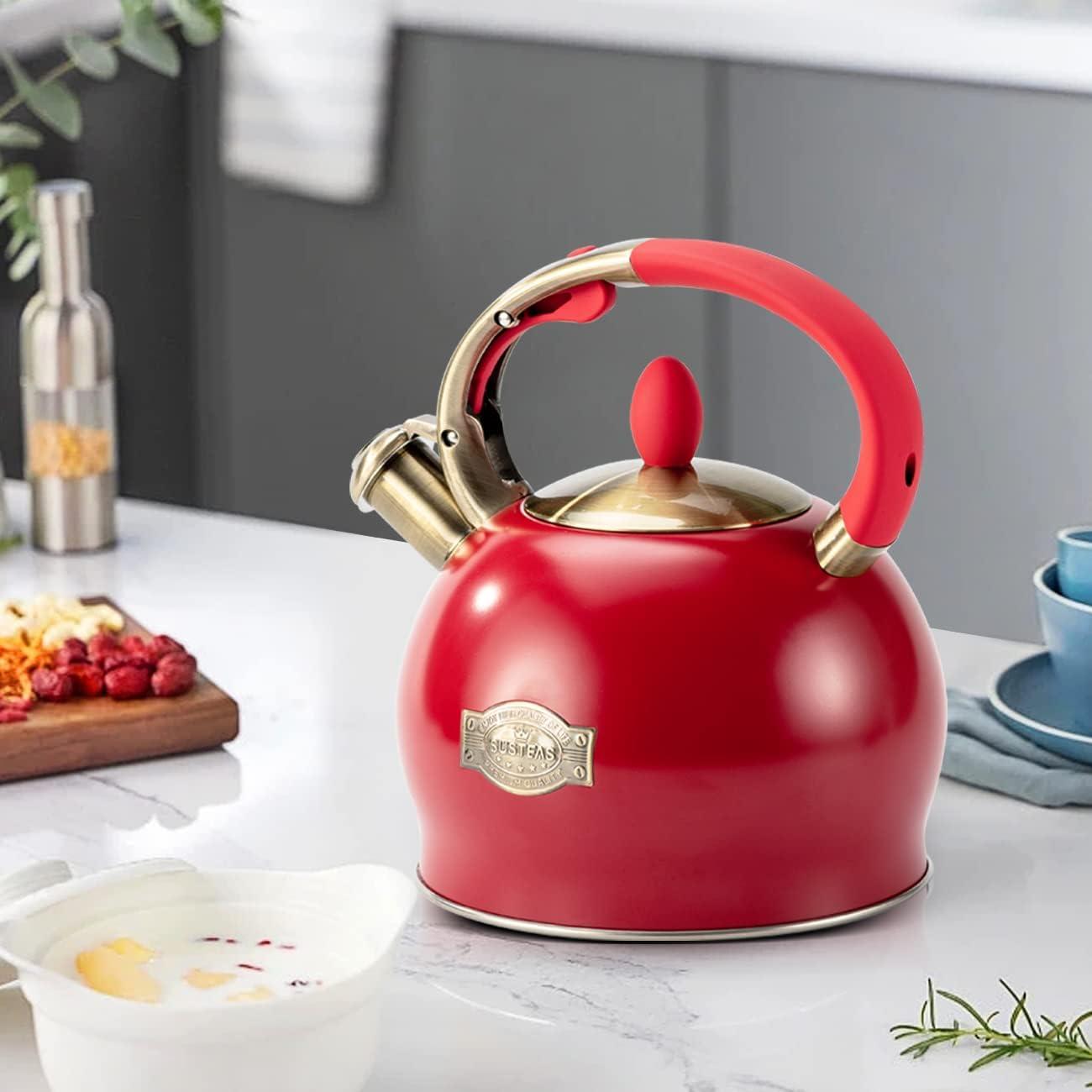 SUSTEAS Retro Tea Kettle for Stove Top, 2.64QT Whistling Teapot with Ergonomic Handle, Red