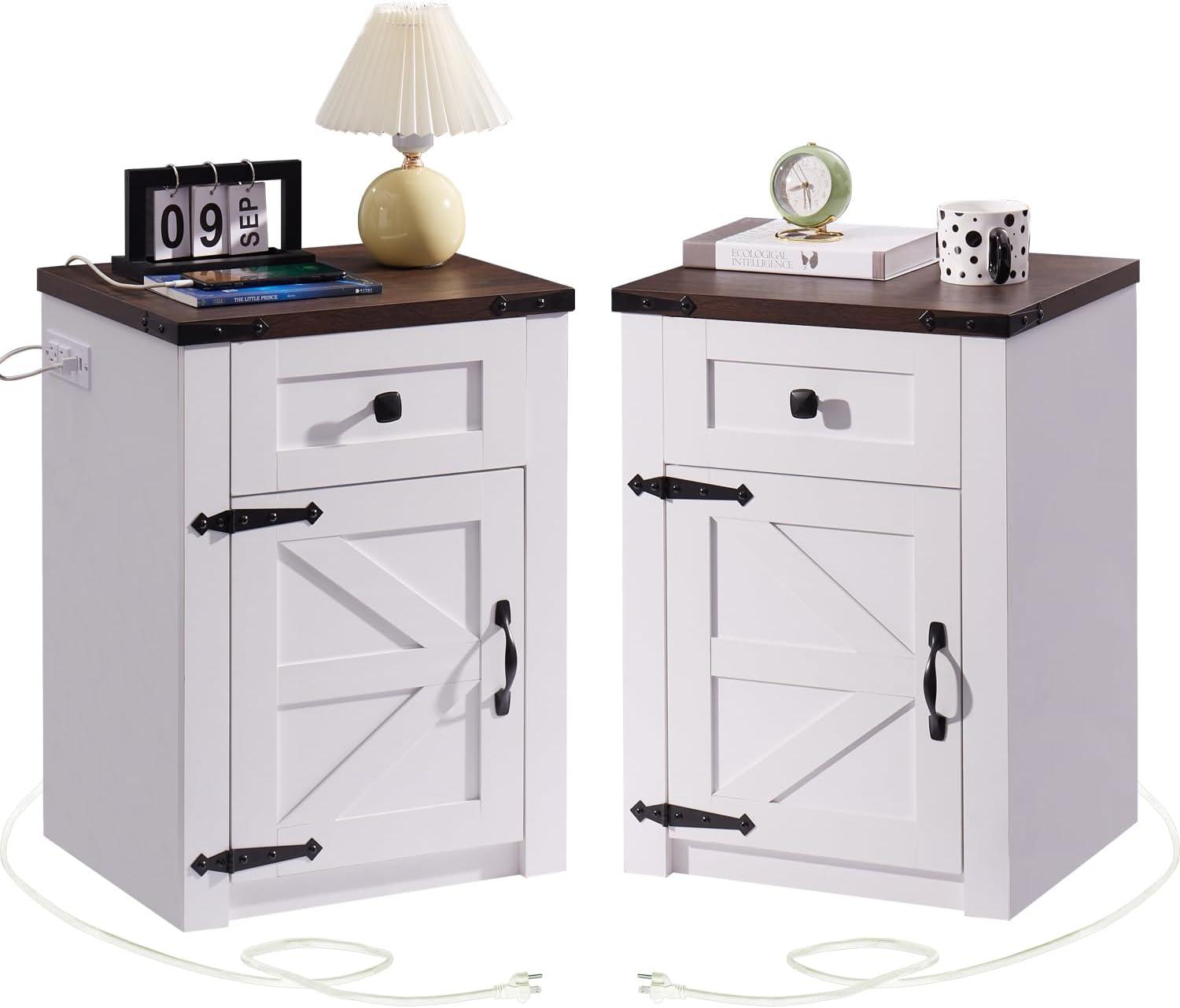 Wood Nightstands with Charging Station End Table Bedside Tables with Barn Door