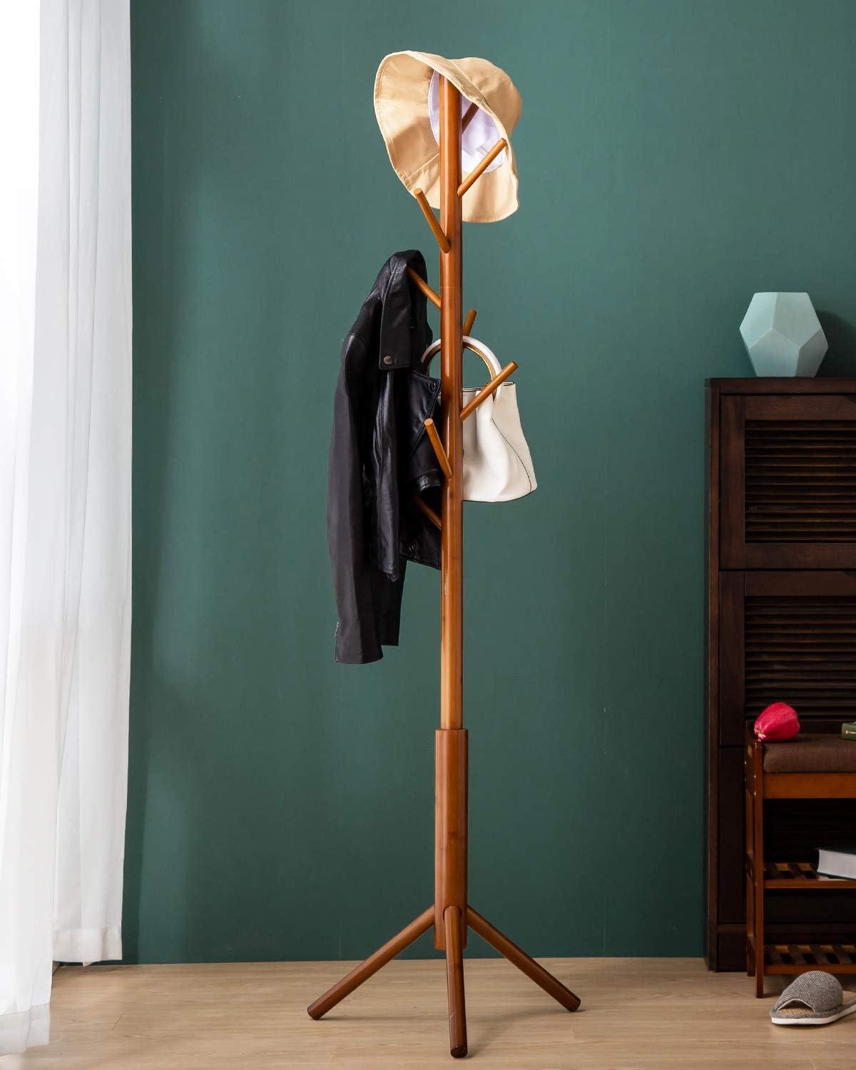 Coat Rack freestanding Stand Bamboo Wooden Coat Tree 8 Hooks 3 Adjustable Standing Jackets Hanger Hallway Corner Parlor(Brown)