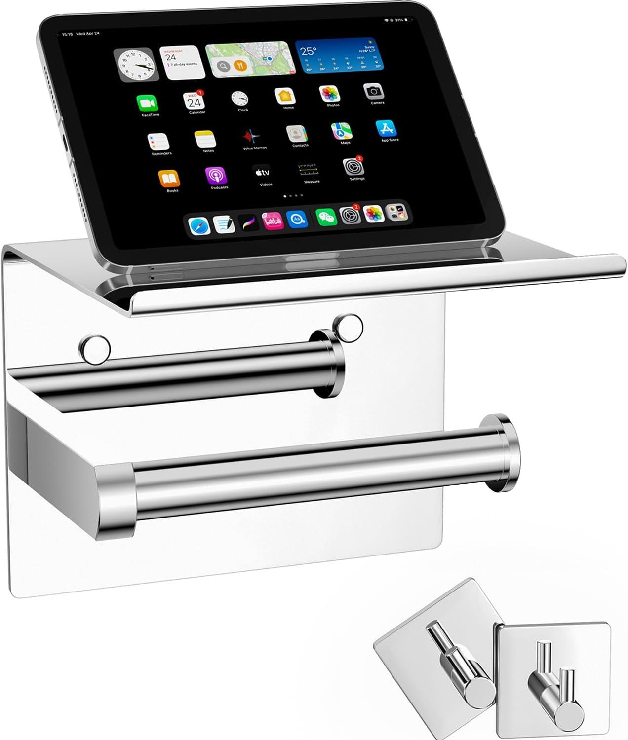 Tindbea Mega Size Toilet Paper Holder with Shelf + Towel Robe Hooks, Adhesive or Screw Wall Mounted Toilet Paper Roll Holder, Stainless Steel Bathroom Hardware Set (Polished Chrome)