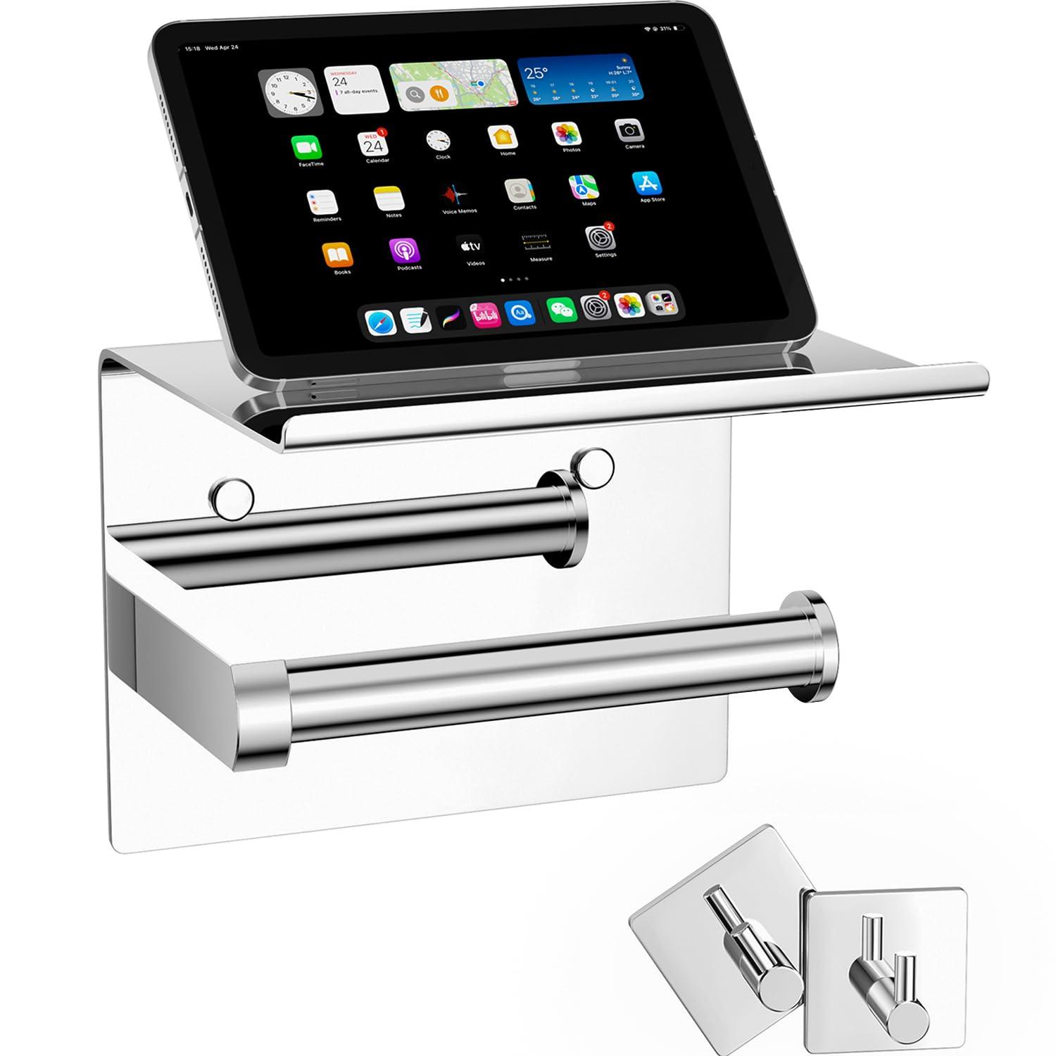 Tindbea Mega Size Toilet Paper Holder with Shelf + Towel Robe Hooks, Adhesive or Screw Wall Mounted Toilet Paper Roll Holder, Stainless Steel Bathroom Hardware Set (Polished Chrome)