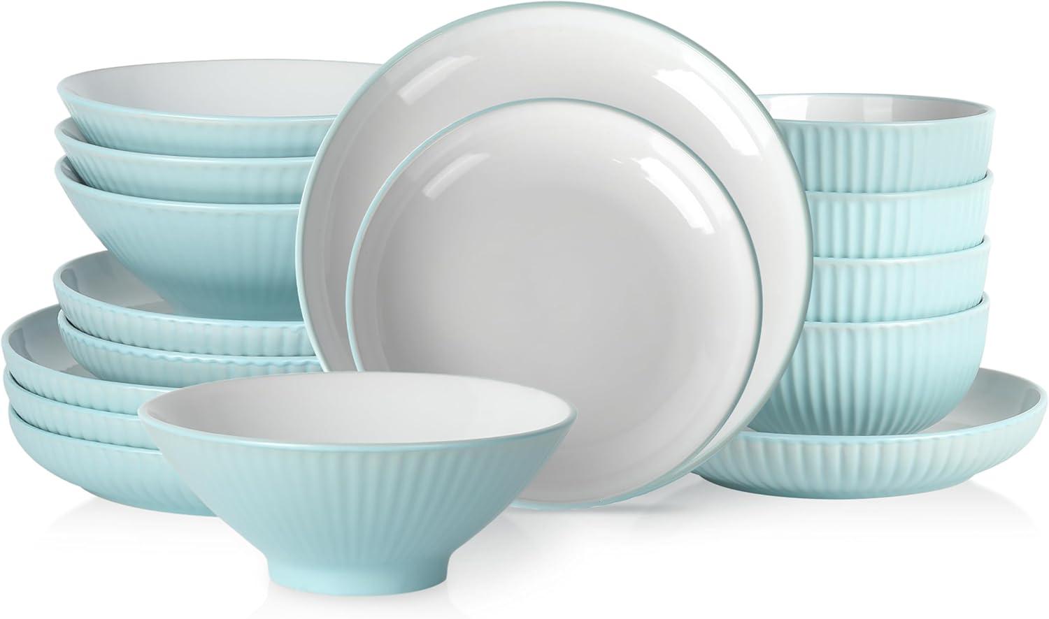 Teal Ceramic Ridged 16-Piece Dinnerware Set for 4