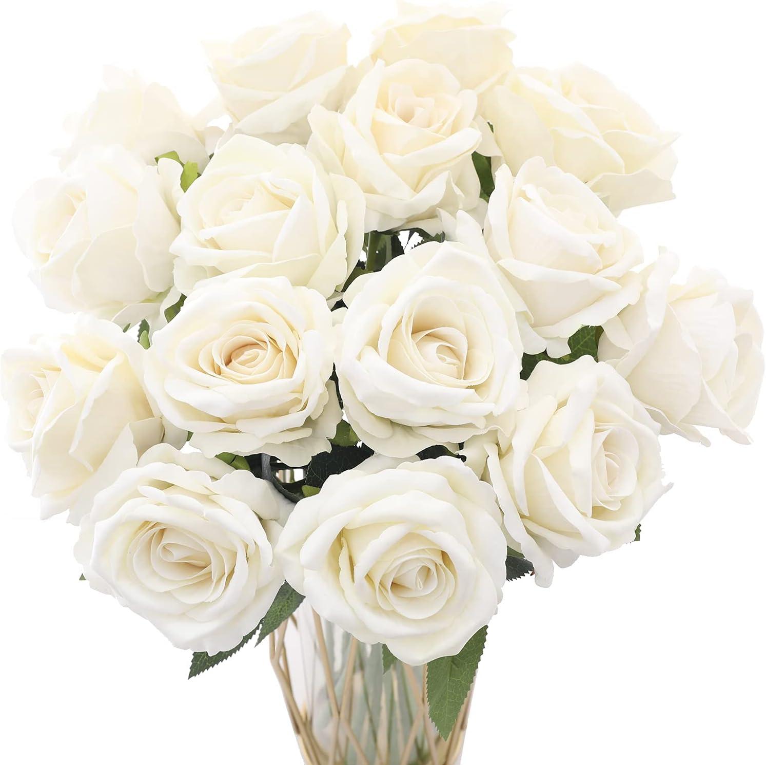 Cream White Artificial Silk Roses with Plastic Stems, 15-Piece Set