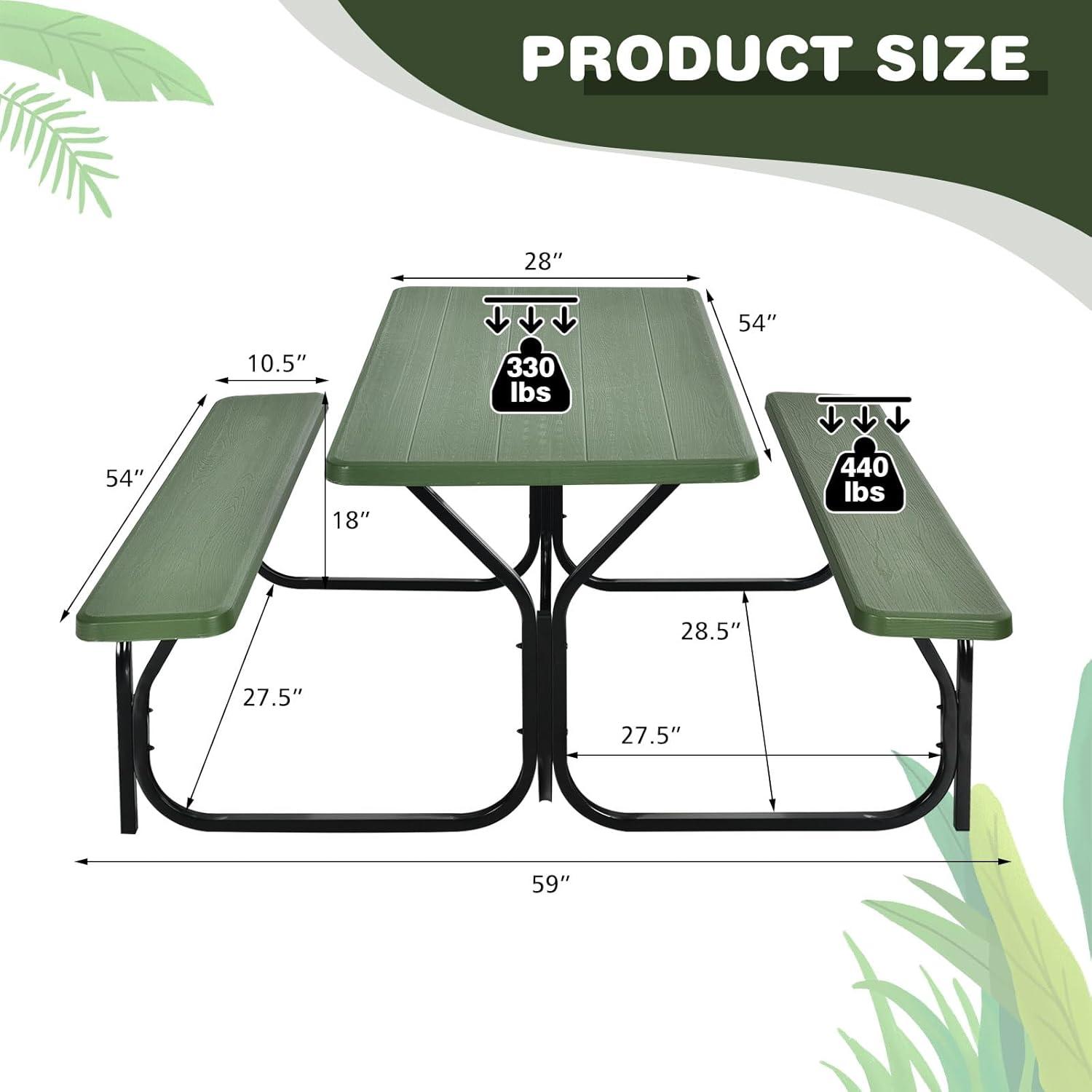 Spaco Picnic Table Bench Set for Outdoor Camping -Green, Furniture Conversation Sets, Coffee Table for Garden, Poolside, Backyard
