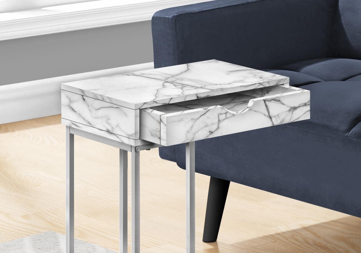 White Marble Look C-Shaped Metal End Table with Storage Drawer