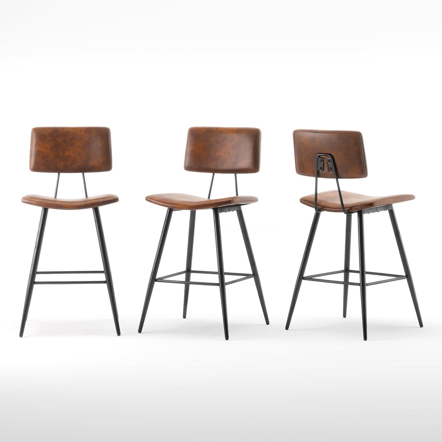 Dycanpo 24.5" Counter Height Bar Stools Set of 3, Faux Leather Upholstered Barstools, Red Brown