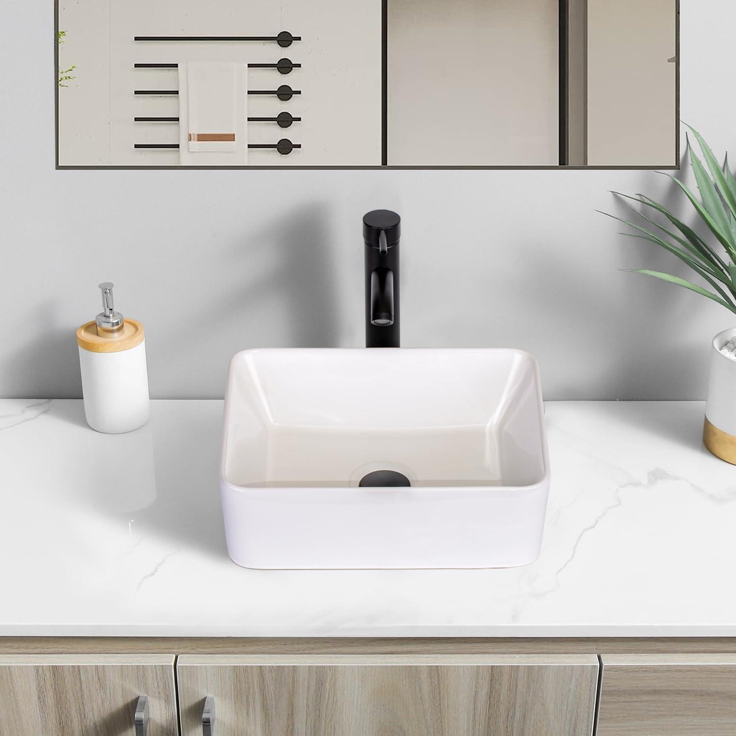 White Rectangular Ceramic Above-Counter Vessel Sink