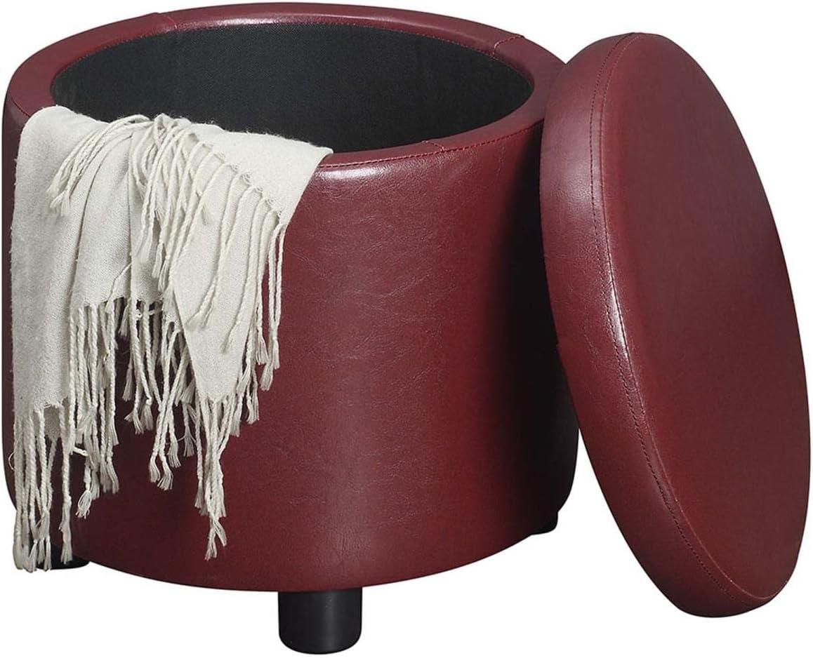 Designs4Comfort Round Accent Storage Ottoman with Reversible Tray Lid, Burgundy Faux Leather