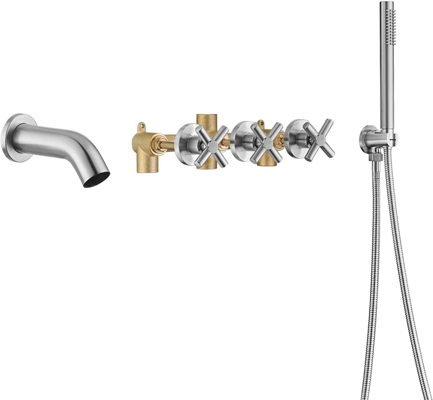 Sumerain 3 Cross Handle Waterfall Wall Mount Tub Faucet with Sprayer, High Flow  Brushed Nickel