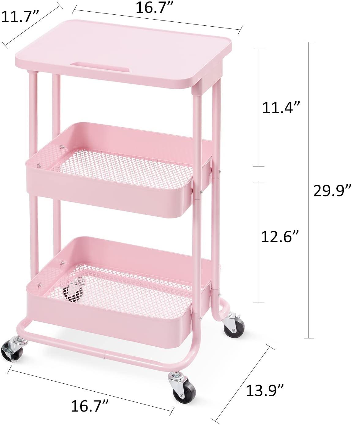 Pink 3-Tier Plastic and Metal Rolling Utility Cart