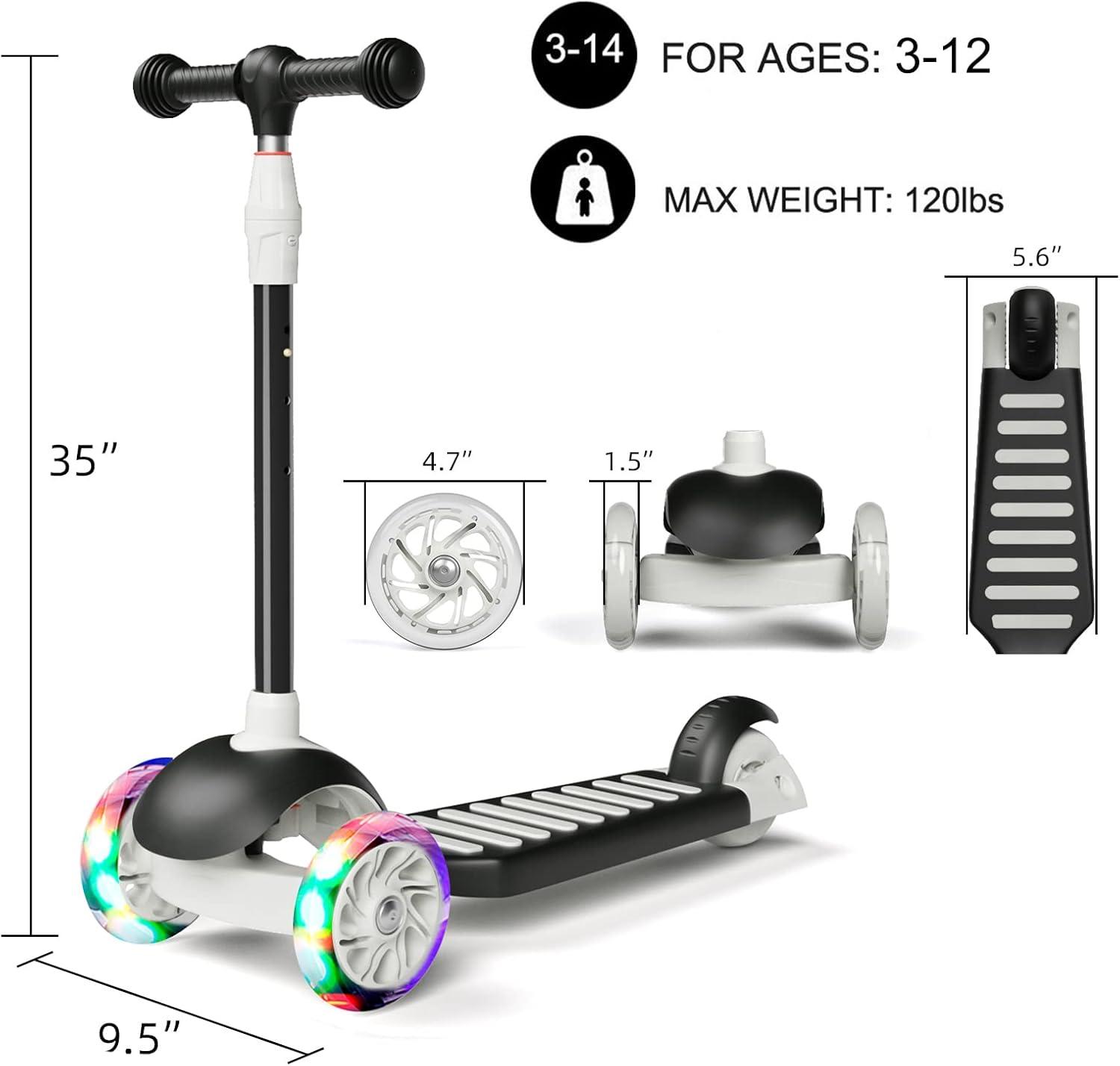 Adjustable Black Aluminum Kids Kick Scooter with Light-Up Wheels