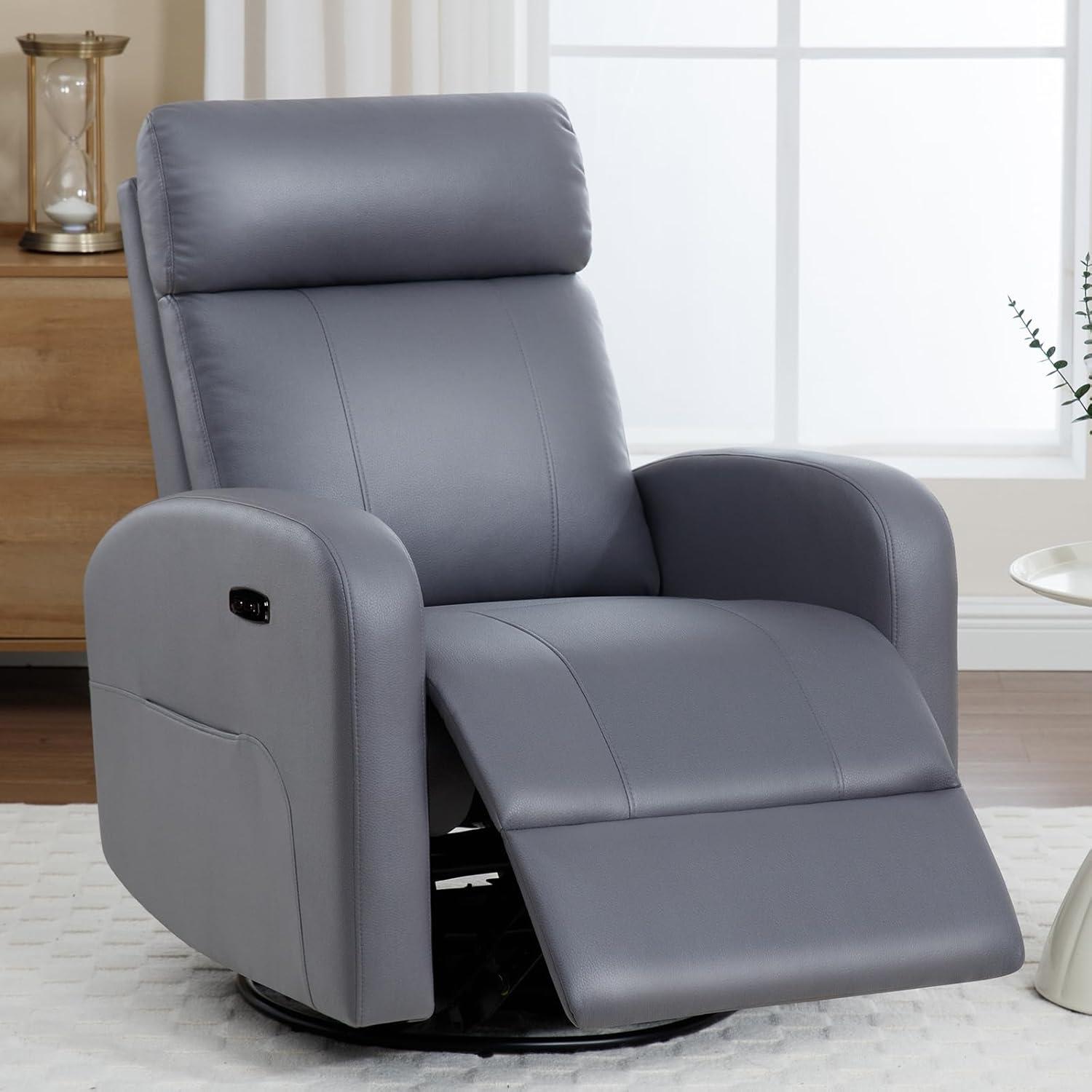 Aemeios Swivel Faux Leather Rocker Glider Power Rocking Recliner with USB and Type-C Ports, Gray