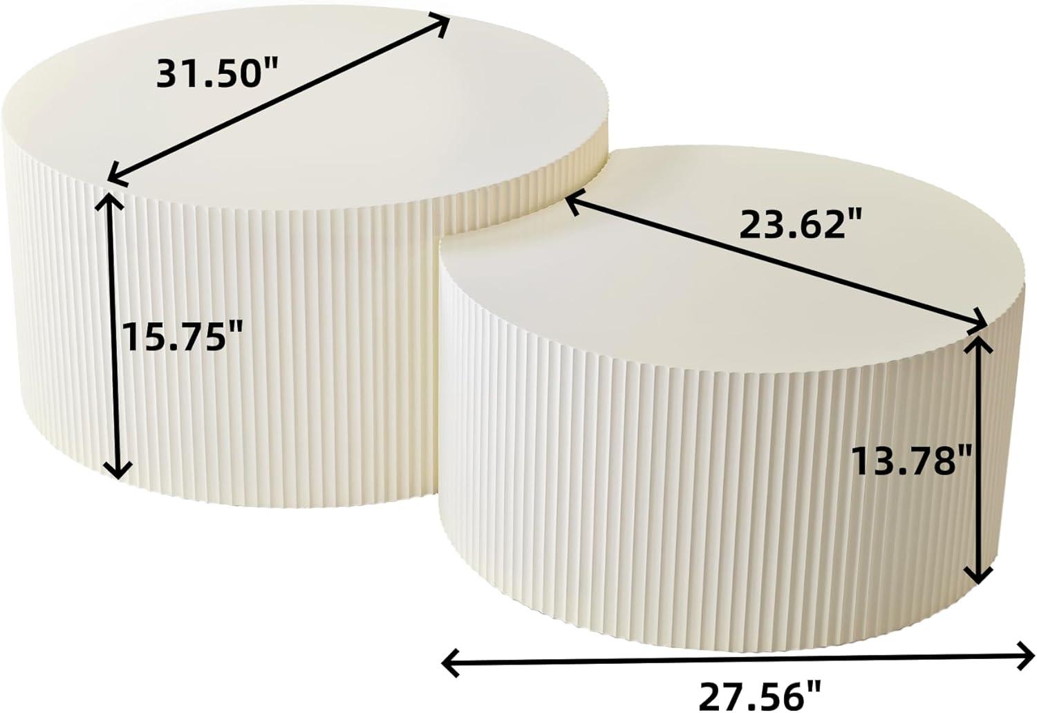 Nesting Coffee Table Set of 2, Vertical Stripe Design Drum Coffee Table, End Table, Round Side Table for Living Room, Bedroom, Beige