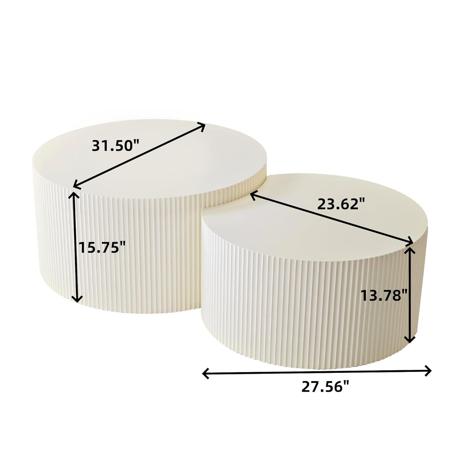 Nesting Coffee Table Set of 2, Vertical Stripe Design Drum Coffee Table, End Table, Round Side Table for Living Room, Bedroom, Beige