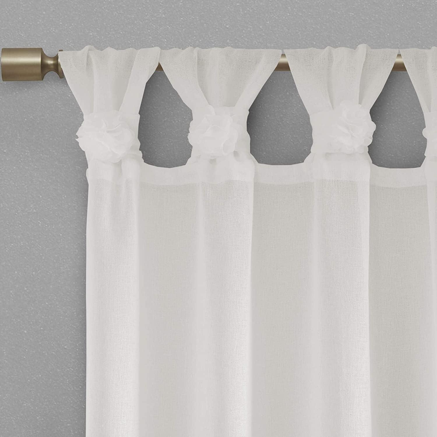 Rosette Floral Embellished Cuff Tab Top Solid Curtain Panel