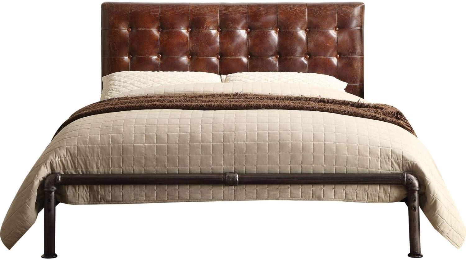 Vintage Brown Top Grain Leather Queen Bed with Tufted Headboard