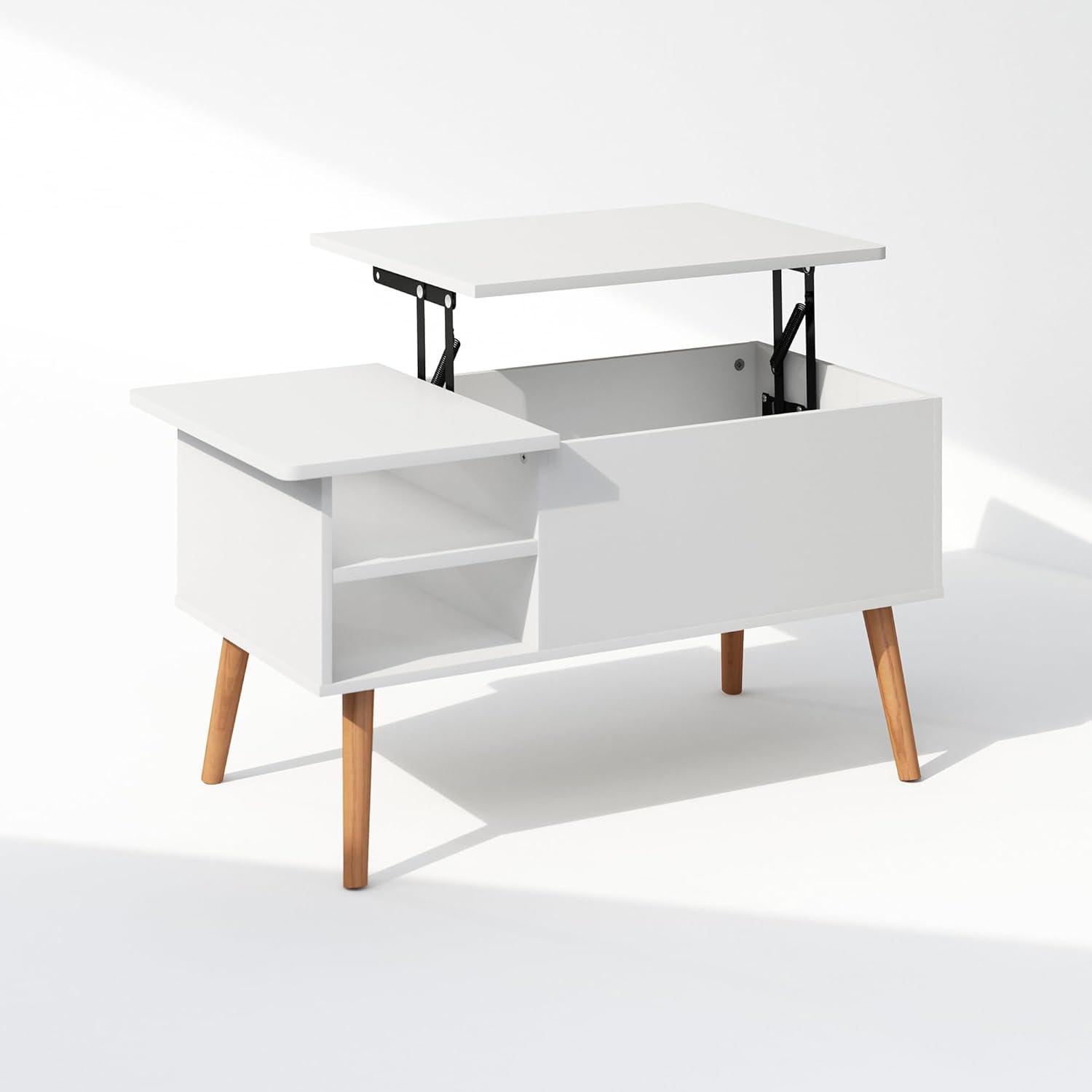 Furinno Jensen Wooden Leg Lift Top Coffee Table With Hidden Compartment and Side Open Storage Shelf for Living Room, Solid White